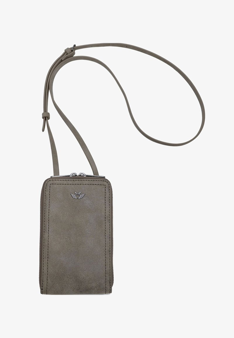 Olivgrünes Leder-Crossbody-Wallet mit strukturierter Oberfläche, Reißverschluss und kleinem Emblem auf der Vorderseite. Verstellbarer Schultergurt inklusive.