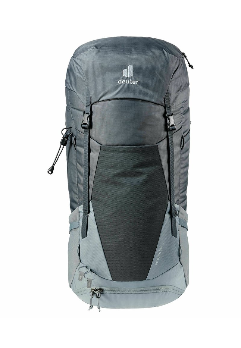 Gray hiking backpack with black and light gray accents, featuring a main compartment, adjustable straps, and two side pockets for accessories.