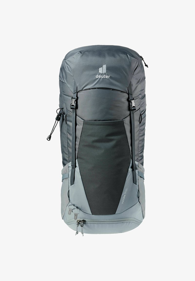 Gray hiking backpack with black and light gray accents, featuring a main compartment, adjustable straps, and two side pockets for accessories.