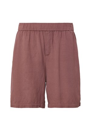 Burgundy shorts made from a lightweight fabric, featuring an elastic waistband, loose fit, and side pockets. Smooth texture with no patterns.