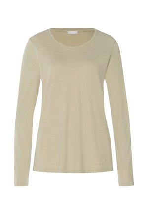 Beige langærmet dameskjorte med rund hals, tætsiddende silhuet og ensfarvet design.