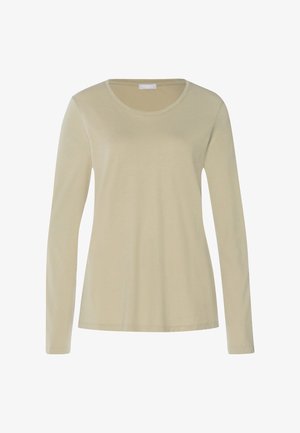 Camicetta beige da donna a maniche lunghe con scollo rotondo, silhouette aderente e design semplice.