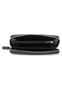 Wallet with a zip-around closure, featuring a black leather exterior and multiple card slots inside with a zippered compartment.