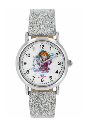 Kinderarmbanduhr mit glitzerndem silberfarbenem Armband, rundem silberfarbenem Gehäuse, weißem Zifferblatt mit einem Cartoon-Feenmotiv und schwarzen arabischen Zahlen.
