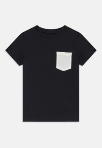 Black cotton t-shirt with a white patch pocket. Short sleeves, crew neck, and straight hem. Smooth texture and casual design.