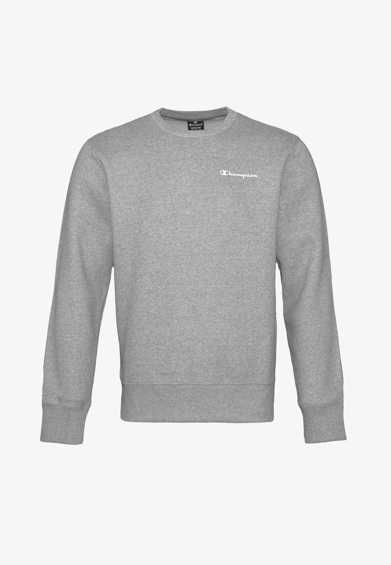 Sweat-shirt gris col rond à manches longues, avec poignets et bas côtelés, arborant un petit logo Champion blanc sur la poitrine gauche.