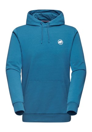 Felpa con cappuccio blu a maniche lunghe con tasca a marsupio frontale, cappuccio regolabile con coulisse e piccolo logo mammut bianco sul petto sinistro.