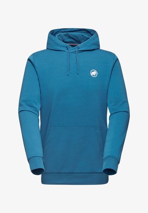 Felpa con cappuccio blu a maniche lunghe con tasca a marsupio frontale, cappuccio regolabile con coulisse e piccolo logo mammut bianco sul petto sinistro.