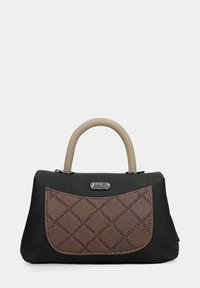 Borsa a mano in pelle nera con una tasca frontale marrone texturizzata caratterizzata da un motivo a diamante. Manico beige arrotondato e accentuazione del logo in argento.