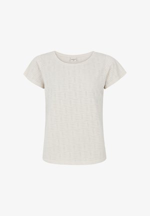 Lichtbeige shirt met korte mouwen, voorzien van een gestructureerd patroon met kruisende lijnen. Ronde hals en een relaxte pasvorm. Zacht materiaal.