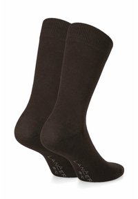 Brązowe bawełniane skarpetki z prążkowanym mankietem i gładką teksturą. Nazwa marki wydrukowana w białym kolorze w pobliżu palców. Klasyczny krój do kostki.