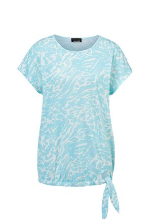 Light blue short-sleeve top featuring a white abstract pattern, round neckline, and a side tie detail for adjustable fit. Soft fabric texture.