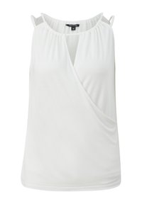 Haut blanc sans manches pour femme avec encolure froncée, devant style cache-cœur et fines bretelles sur fond uni.