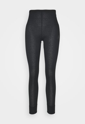 Black leggings with a high waistband, made of a textured material. Features a logo on the side and fitted design. Soft and stretchy.