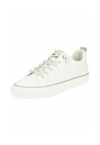Hvide lædersneakers med rund tå, beige accenter, tekstureret tunge og tynde snørebånd. Har en gummisål og subtile sidesømme.