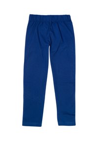 Pantaloni in cotone blu con vita elastica, distesi, con gambe dritte e senza tasche o decorazioni visibili.