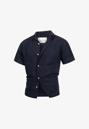Kurzärmliges Hemd aus marineblauem Leinen mit Knopfleiste, ausgestattet mit Holzknöpfen und einem dezenten Logo auf der linken Seite.