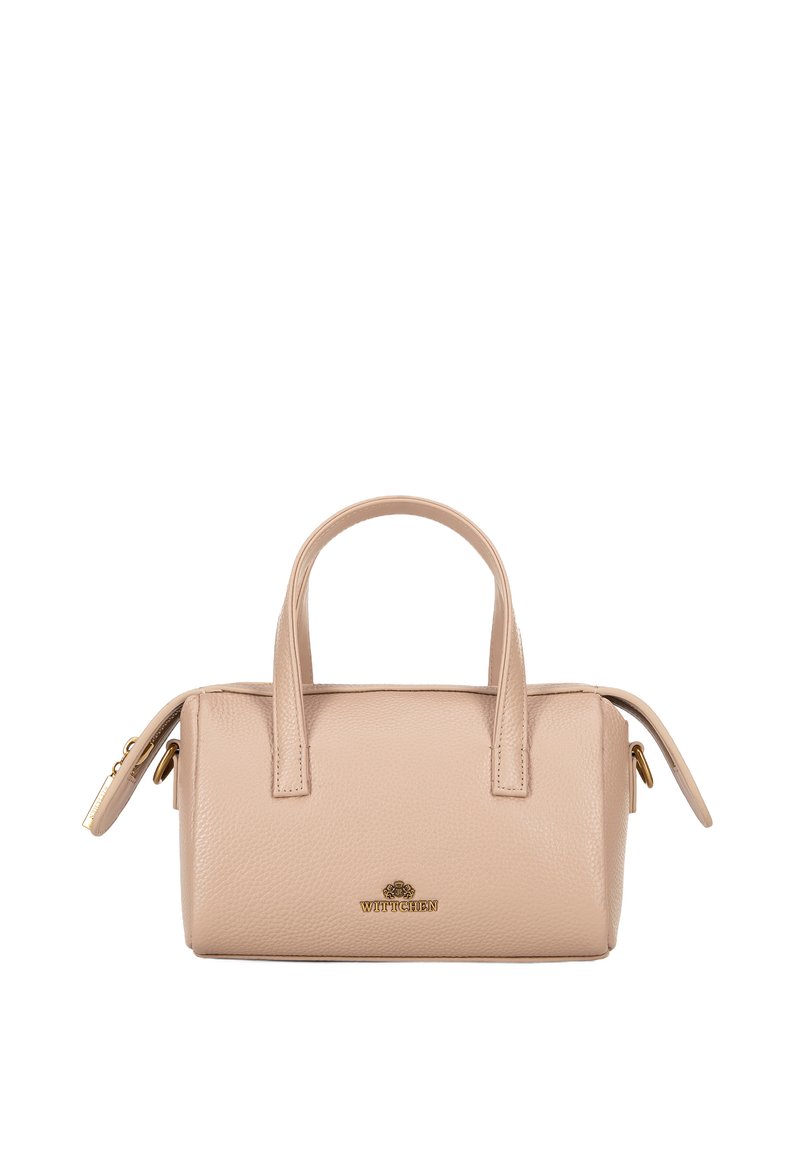 Borsa a tracolla in pelle beige con finitura testurizzata, due manici corti, hardware dorato e chiusura con zip laterale.