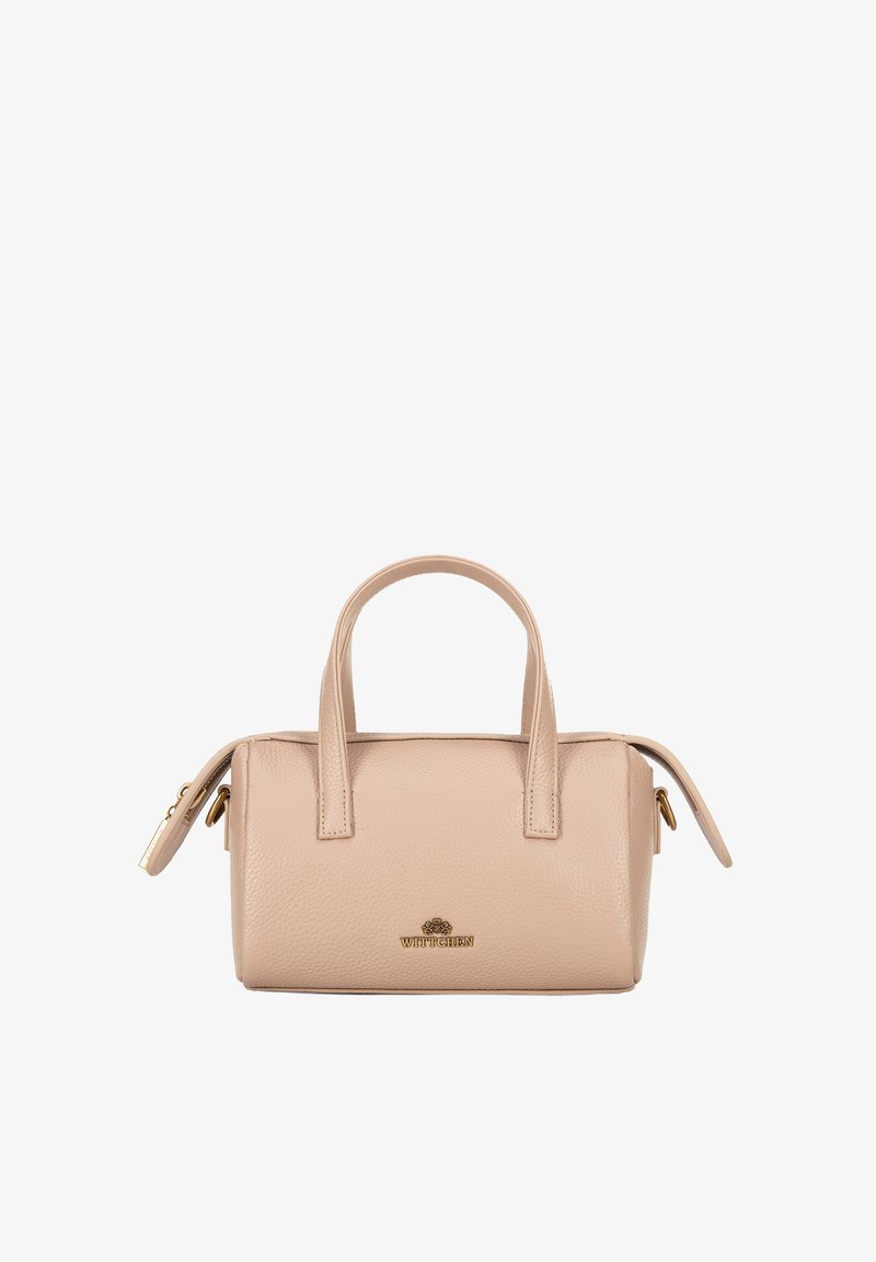 Beige leren handtas met een gestructureerde afwerking, twee korte handvatten, gouden hardware en een ritssluiting aan de zijkant.