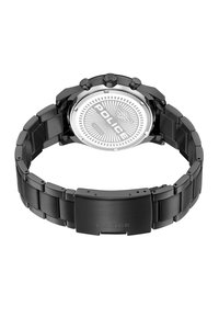 Čierne hodinky s kovovým náramkom, okrúhlym puzdrom a textúrovaným strieborným ciferníkom s nápisom "POLICE" a matným čiernym zapínaním.