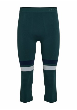 Grüne sportliche Caprihosen aus strukturiertem Stoff, mit navy, hellgrauen und grünen Streifen an der Wade. Elastischer Bund für optimalen Sitz.