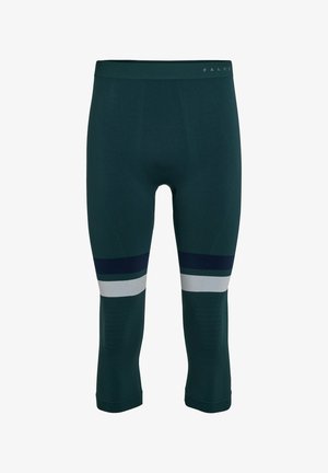 Grüne sportliche Caprihosen aus strukturiertem Stoff, mit navy, hellgrauen und grünen Streifen an der Wade. Elastischer Bund für optimalen Sitz.