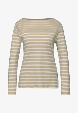 Beige en wit horizontaal gestreept shirt met lange mouwen, een boothals en een getailleerd silhouet.