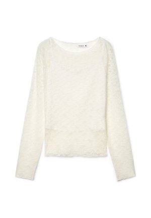 Top a maniche lunghe in pizzo color avorio, con scollo rotondo e motivo testurizzato su tutta la superficie, con un orlo leggermente corto.