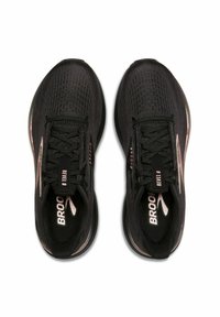Mustad mustadjalatsid tekstuuriga pealsega, delikaatse luku disainiga ja roosakuldse aktsendiga. Külgedel on "Brooks" ja "Revel 8" brändi märk.
