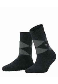 Stricksocken in Dunkelgrau mit einem gerippten Textur. Sie verfügen über ein hellgraues Rautenmuster und ein kleines Logodetail an der Seite.