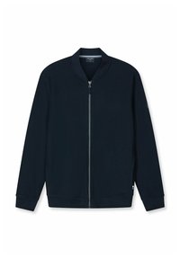 Dunkelblaue Reißverschlussjacke aus strukturiertem Stoff, mit geripptem Kragen und Bündchen sowie einem dezenten Markenschild an der Seite.