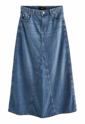 Jupe midi en denim bleu coupe trapèze avec détail de couture devant, passants de ceinture, fermeture par bouton et zip, et poches avant avec rivets.