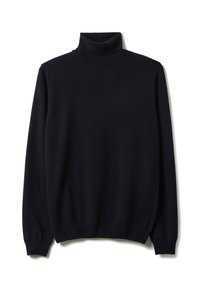 Jersey de cuello alto azul marino hecho de material suave, con mangas largas y puños y dobladillo acanalados, con una textura suave y uniforme.