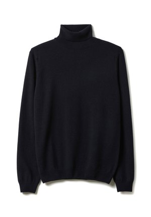 Marineblauwe coltrui gemaakt van zacht materiaal, met lange mouwen en geribbelde boorden en zoom, voorzien van een gladde, egale structuur.