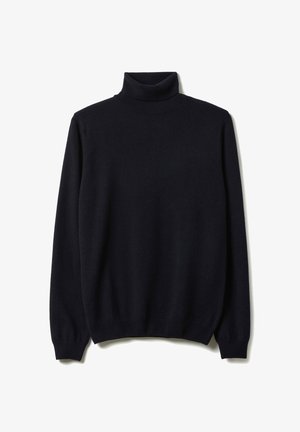 Marineblauwe coltrui gemaakt van zacht materiaal, met lange mouwen en geribbelde boorden en zoom, voorzien van een gladde, egale structuur.