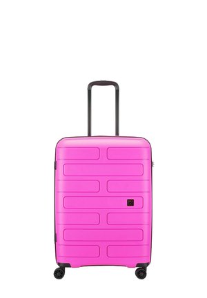 Pink hard-shell suitcase with textured surface, a retractable handle, and four black wheels. Features horizontal grooves and a smooth finish.