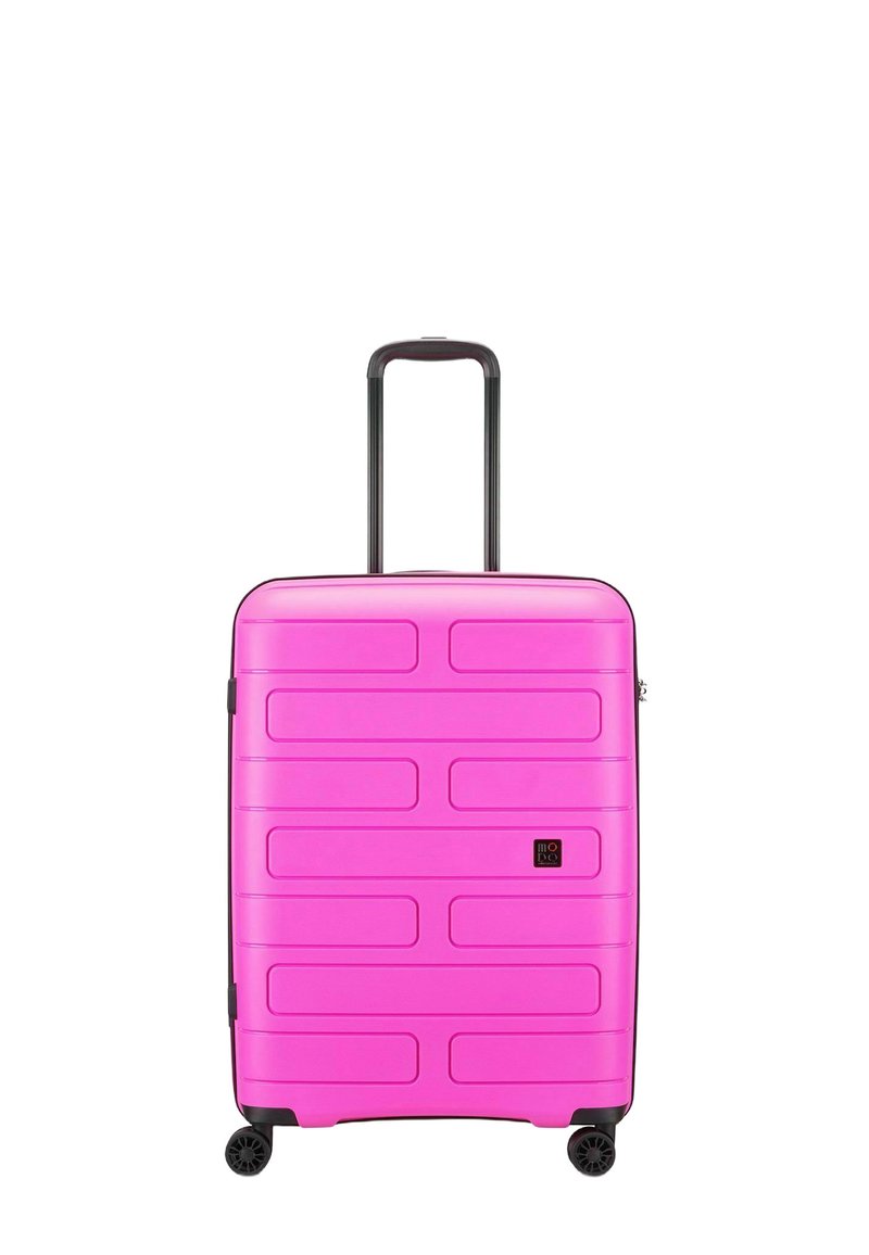 Pink hard-shell suitcase with textured surface, a retractable handle, and four black wheels. Features horizontal grooves and a smooth finish.