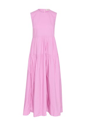 Pink midi dress with a sleeveless design, round neckline, and gathered tiers. Made from lightweight fabric with a smooth texture.