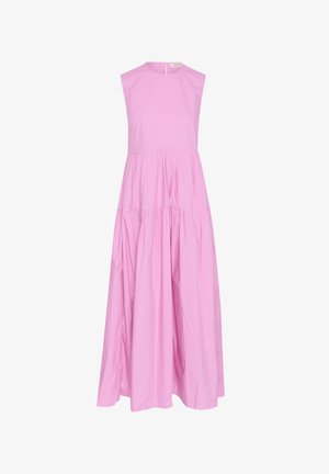 Pink midi dress with a sleeveless design, round neckline, and gathered tiers. Made from lightweight fabric with a smooth texture.
