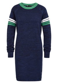 Neulemekko tummansinisellä pohjalla, jossa vihreitä, valkoisia ja vihreitä raitoja hihoissa. Ominaisuuksiin kuuluu ribbikuvioitu pyöreä kaula-aukko ja teksturoitu kangas. Pitkät hihat.