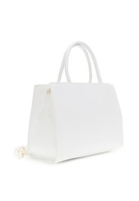 Borsa strutturata bianca in finta pelle liscia, con due manici superiori e chiusura a zip. Presenta hardware in tonalità dorata e lati angolari.