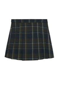  geplooide geruite rok in donkergroen en navy, met witte en lichtblauwe lijnen. Gemaakt van een zachte stof met een gladde textuur en een tailleband.