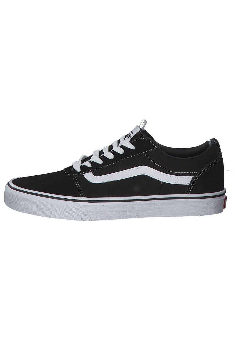 Sneaker nere in tela con lacci bianchi, una prominente striscia laterale bianca e una suola in gomma bianca a contrasto. Presentano dettagli cuciti.