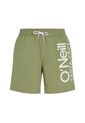 Olīvu zaļas peldbikses ar elastīgu jostu un baltu saiti. Sānos ir liels balts "O'Neill" logo un teksts.