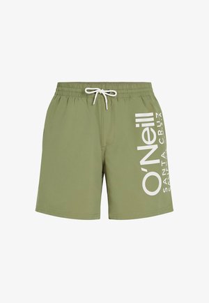 Oliven grønne svømmetights med elastisk talje og hvid snor. Har et stort hvidt "O'Neill" logo og tekst på siden.