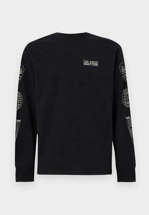 Black long-sleeve t-shirt made of cotton, featuring white text and graphic designs on the front and both sleeves.