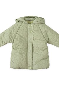 Chaqueta acolchada para toddlers en verde claro, con capucha, patrón de costura floral y botones a presión en la parte delantera.