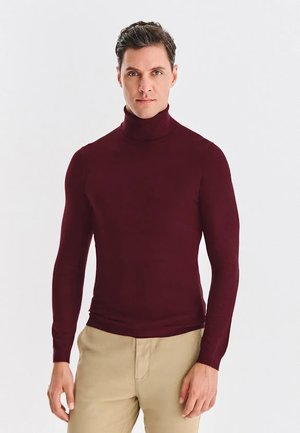 Bordowy sweter z golfem, dzianinowa tkanina, dopasowany fason, długie rękawy, ściągacze przy mankietach, gładka faktura, noszony z beżowymi spodniami.