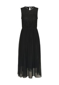 Black dress featuring a lace bodice, sleeveless design, and a flowing sheer skirt. Keyhole back detail. Length falls below the knee.