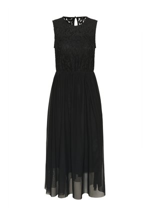 Black dress featuring a lace bodice, sleeveless design, and a flowing sheer skirt. Keyhole back detail. Length falls below the knee.